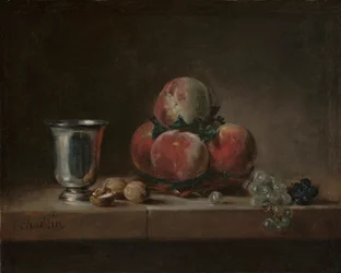 Bodegón con duraznos, una copa de plata, uvas y nueces