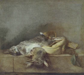 Naturaleza muerta con conejos, una bolsa de caza y un cuerno de pólvora, c.1755