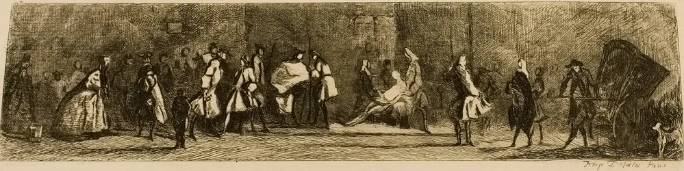 El letrero del cirujano-barbero, grabado por Jules de Goncourt