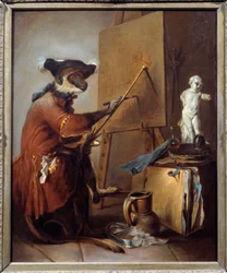 El mono pintor. Representación de un mono en postura humana