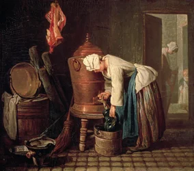 Mujer sacando agua de una cisterna de cobre, c.1732