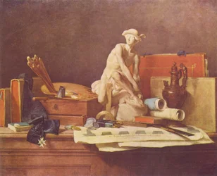 Francés:  Nature morte avec des attributs des Arts Naturaleza muerta con atributos de las artes