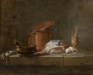 Puerros, una cazuela con un paño, una olla de cobre y tapa, una cebolla y huevos con un mortero, sobre una repisa de piedra