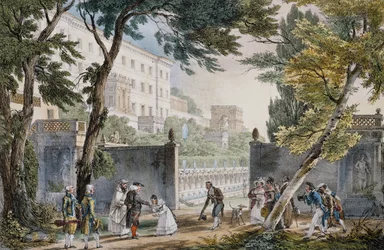 Una villa: escena de reunión de la nobleza - grabado de Juan Bautista (Jean-Baptiste) Thomas (1791-1833), hacia 1820