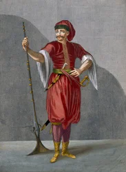 Un soldado albanés, lámina 78 de «Colección de cien estampas que representan las diferentes naciones del Levante» de Charles de Ferriol, grabada por Gérard Scotin (1671-1716), 1707-08