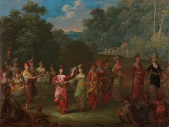 Hombres y mujeres griegos bailando el Khorra