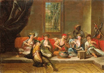 Marineros griegos festejando en un interior