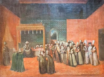 El sultán Ahmed III recibe a un embajador europeo, hacia 1725 (óleo sobre lienzo)