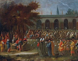 El embajador holandés con su séquito siendo recibido por el sultán Ahmed III en el Palacio de Topkapi, Estambul