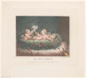 Cuatro putti con dos palomas en una cesta de rosas sobre un cojín
Le Nid d