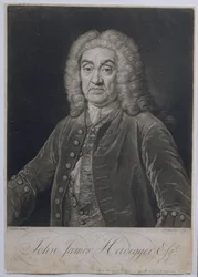 Retrato de John James Heidegger (1666-1749), empresario suizo en Londres, grabado por John Faber (1684-1756), 1749