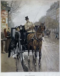 Mujer elegante en un carruaje en París (ilustración de Jean Béraud)