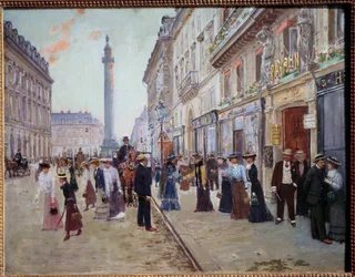 Salida de los trabajadores de la casa Paquin rue de la Paix (Place Vendome con la columna). Pintura de Jean Beraud (1849-1935) 1905