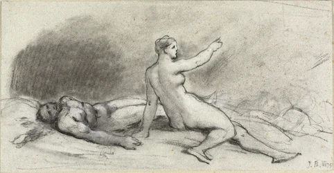 Mujer desnuda sentada con hombre desnudo dormido (recto); torso femenino visto desde atrás (verso)