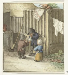 Tres niños jugando con una vejiga de cerdo