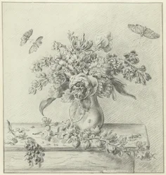 Bodegón con arreglo floral, frutas e insectos.