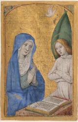 Hoja de manuscrito con la Anunciación de un Libro de Horas, francés