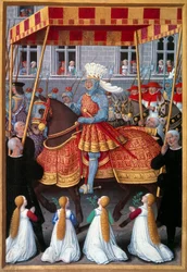 La entrada triunfal del rey Luis XII a Génova en abril de 1507. Miniatura tomada de “El viaje a Génova” de Jean Marot, iluminado por Jean Bourdichon, 1508. París, B.N.