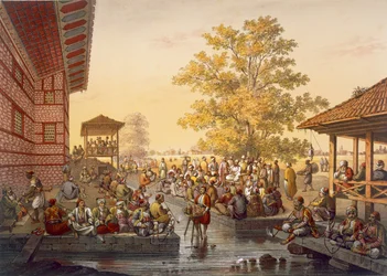 Escena de ocio en Pinarbasi, un barrio de Bursa. Un cuentacuentos entretiene al público, de Souvenirs de Constantinopla, pub. 1845