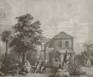 Tiempo en familia, panel de papel tapiz de la serie "Paul et Virginie", por Dufour & Cie, c.1823