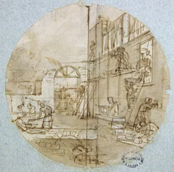 El taller del albañil, diseño de plato para una vajilla que representa diversos oficios, h. 1820-35