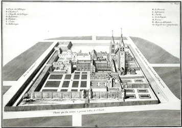 Vista de la Abadía de Saint-Germain-des-Prés antes de 1640, grabado por Antoine Herisset (1685-1769)