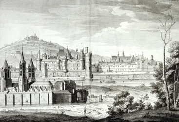 Vista de la Abadía de Saint-Germain-des-Prés, el Louvre, Petit Bourbon, Montmartre y el Sena en 1410, grabado por Antoine Herisset (1685-1769)