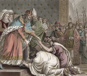 Carlomagno (742-814) recibe a los embajadores del emperador de Oriente, grabado por Jean Baptiste Morret