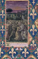 Ms. Lat. Q.v.I.126, fol. 100: El beso de Judas, del «Libro de horas de Luis de Orleans», 1469