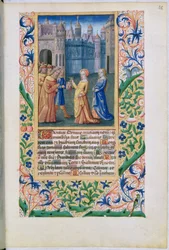 Ms Lat. Q.v.I.126 f.48 Judit regresando a Betulia con la cabeza cortada de Holofernes, del "Libro de Horas de Luis de Orleans".