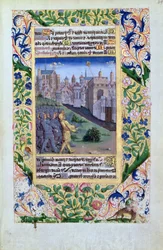 Ms Lat. Q.v.I.126 f.49v Tropas asirias viendo la cabeza de Holofernes en una pica, de las "Horas de Luis de Orleans".
