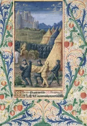 Ms Lat. Q.v.I.126 f.64 La muerte de Absalón, del "Libro de Horas de Luis de Orleans".