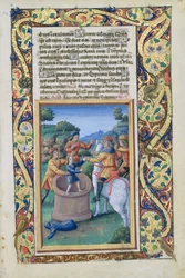 José siendo rescatado del pozo y vendido a los ismaelitas, del Libro de Horas de Luis de Orleans, 1490