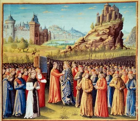 Segunda Cruzada: El rey Luis VII toma la cruz en Vézelay en presencia de San Bernardo de Claraval y el obispo de Versalles el 31/03/1146. Muchos barones también tomaron la cruz