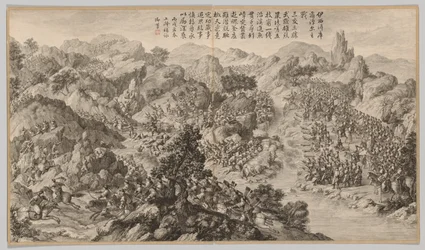 Batalla en Yixier Kuernaoer: de Escenas de Batalla de la Represión de Rebeliones, c. 1765-1774