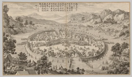El Khan de Bada Shan presentando tributo: de Escenas de batalla de la represión de rebeliones, c. 1765-177