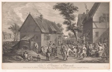 Gente bailando frente a una posada. Les Plaisirs Flamands