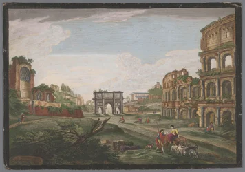 Vista de las ruinas del Arco de Constantino y del Coliseo en Roma
Rome ancienne (título en el objeto)