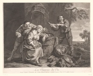Mujer durmiendo junto a un barril con copa de vino en la mano La sorpresa del vino. (título en el objeto) Impresiones después de Le Nain (título de la serie)