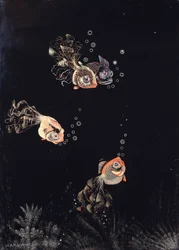 Un panel lacado de Jean Dunand, que representa una escena submarina con peces rojos y dorados soplando burbujas de aire