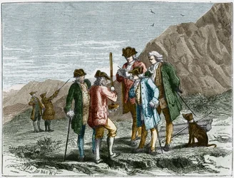 Florin Perier midiendo la altura del barómetro (tubo de mercurio) de Evangelista Torricelli durante el experimento sobre la gravedad del aire de Blaise Pascal, en la cima del Puy de Dome (1648). Grabado por Yan Dargent.