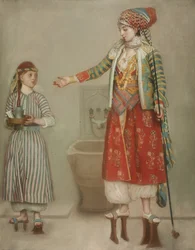 Una dama con traje turco con su sirviente en el hammam, mediados del siglo XVIII