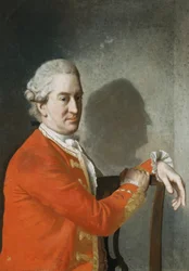 Retrato de James Hamilton, 2.º conde de Clanbrassil, de medio cuerpo, con abrigo rojo, sentado en una silla de caoba, con su perfil proyectado en sombras sobre la pared detrás, 1774
