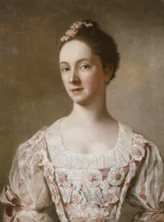 Retrato de una Dama, Medio Cuerpo, con un Vestido Rosa y Blanco