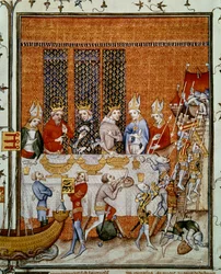 Banquete ofrecido por el rey Carlos V de Francia (1338-1380) en el Palais de la Cité en honor del emperador Carlos IV (1316-1378) y del rey Wenceslao IV de Bohemia (1363-1419). Miniatura de las «Grandes crónicas de Francia» de Jean Fouquet (1420-1481)
