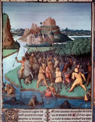 Batalla entre judíos y macedonios. Miniatura tomada de “El Libro de los Judíos Antiguos” (Antigüedades Judaicas) de Jean Fouquet (1420-1481) siglo XV París, B.N.