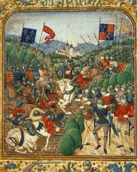 Batalla de Azincourt (1415). Durante la Guerra de los Cien Años, Enrique V de Inglaterra derrotó al partido de los Armagnacs franceses - en “Grandes Crónicas de Francia” de Jean Fouquet, alrededor de 1467 - 1476). Biblioteca Victoria & Albert