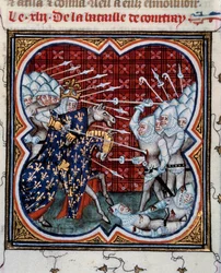 Batalla de Kortrijk entre Felipe IV el Hermoso (1268-1314) y los flamencos, llamada Batalla de las Espuelas de Oro 11/07/1302. Miniatura tomada de 