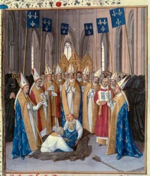 Entierro del Rey Felipe IV el Hermoso (1268-1314) en la Basílica de Saint Denis. Miniatura tomada de “Las Crónicas de Saint Denis” de Jean Fouquet (1420-1481) siglo XV. París, B.N.