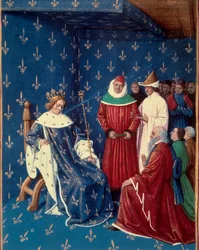 Carlos V (1338-1380) recibió a los embajadores de Carlos IV (1316-1378), emperador del Sacro Imperio Romano Germánico en 1377. Miniatura de un manuscrito de Jean Fouquet (1420-1481)